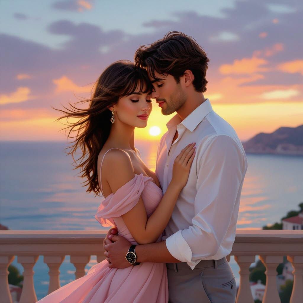 Couple Embracing on Balcony at Sunset