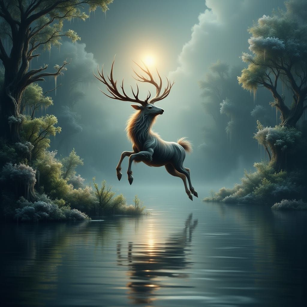 Stag Leaps Across Crystal Lake Under Stars