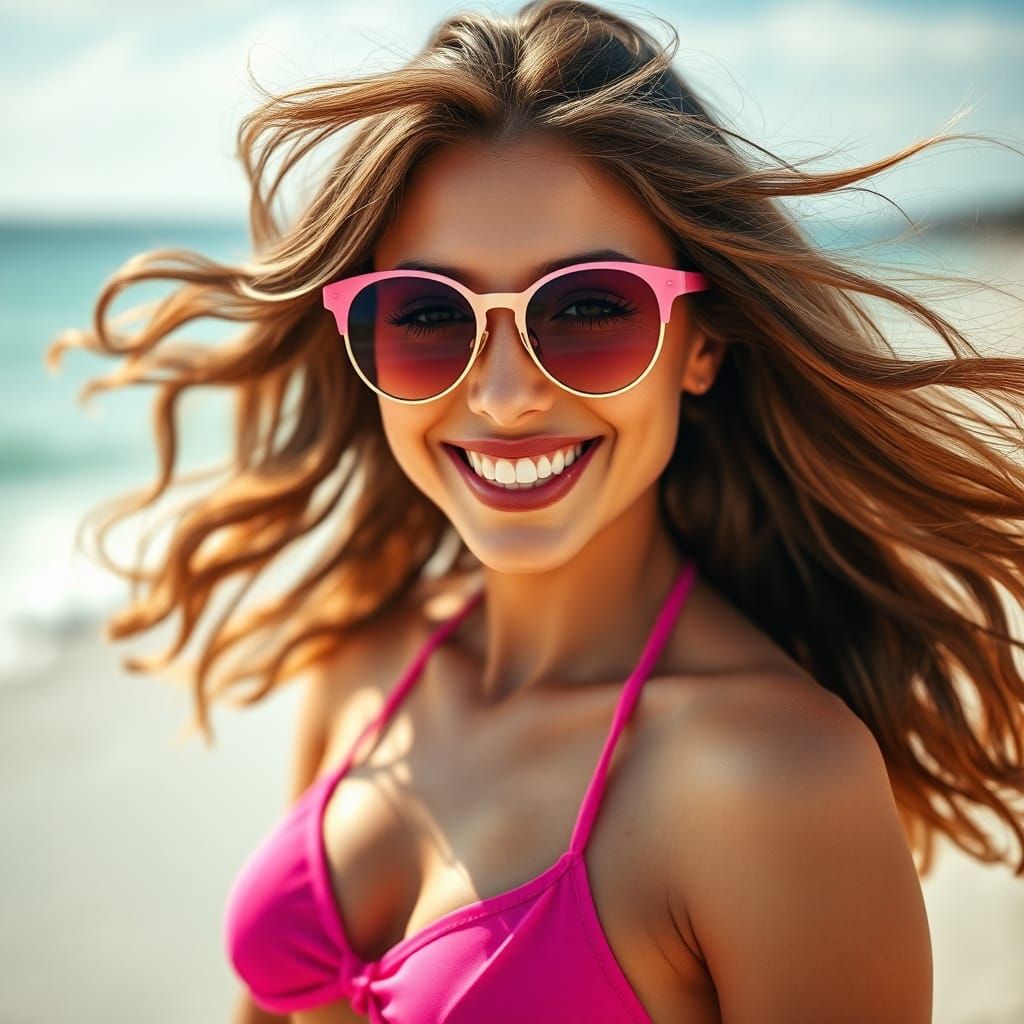 Radiant Woman in Pink Bikini on Beach Portrait