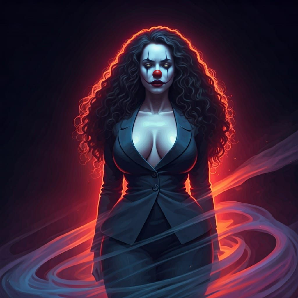 Woman's Holographic Clown Transformation in the Mist