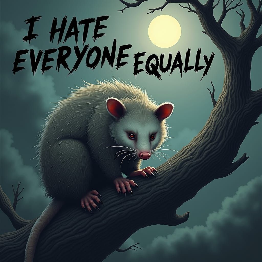 Grumpy Opossum in Stormy Night Landscape