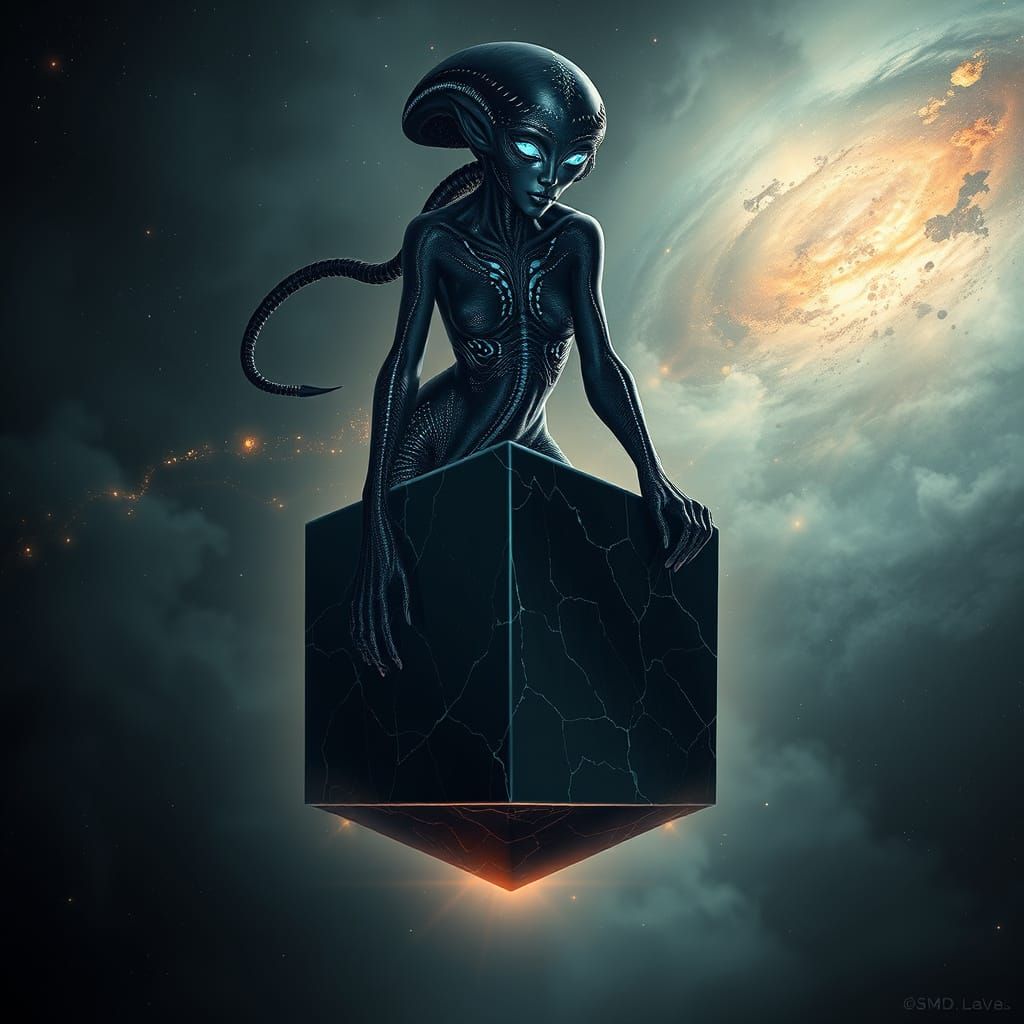Surreal Alien Woman on Levitating Cube in Cosmic Nebula