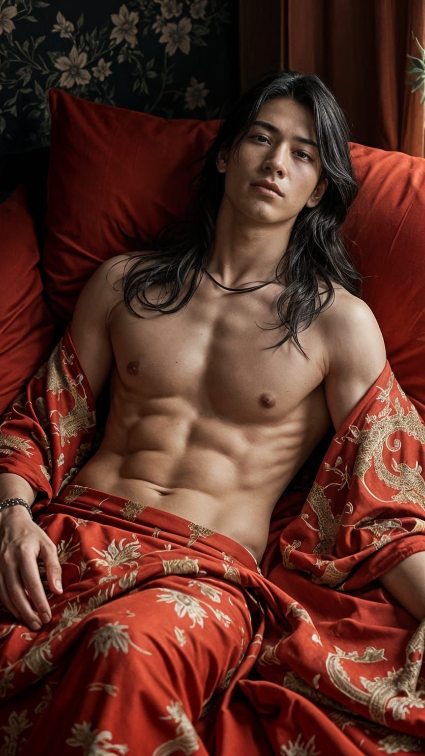 Toned Japanese Warrior Rests on Red Silks