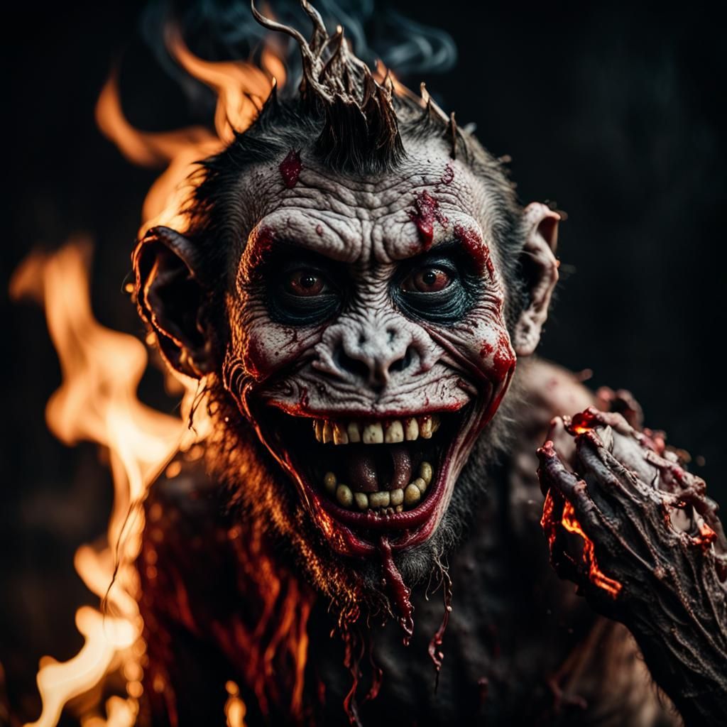 Fiery Zombie Monkey Clown Portrait in Dark Surrealism