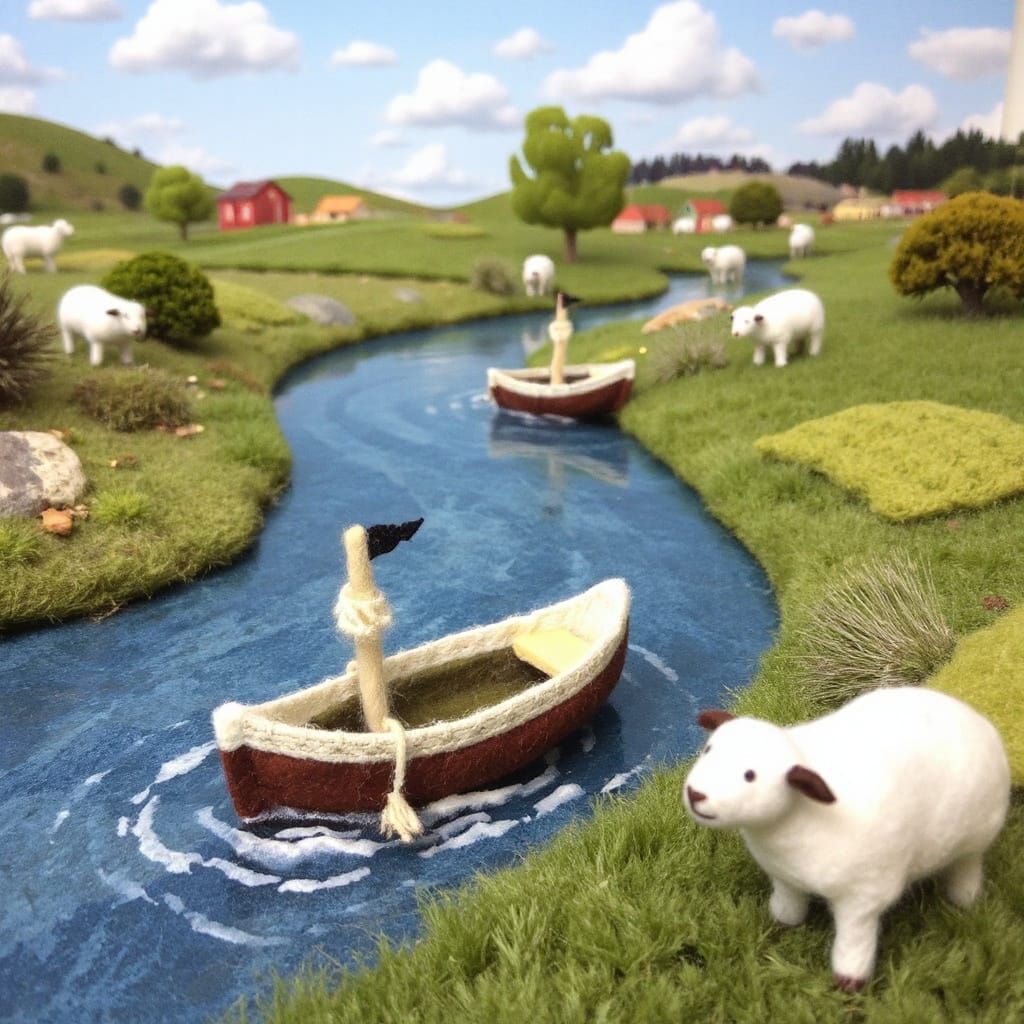 Felted Boats and Sheep on Woolly River