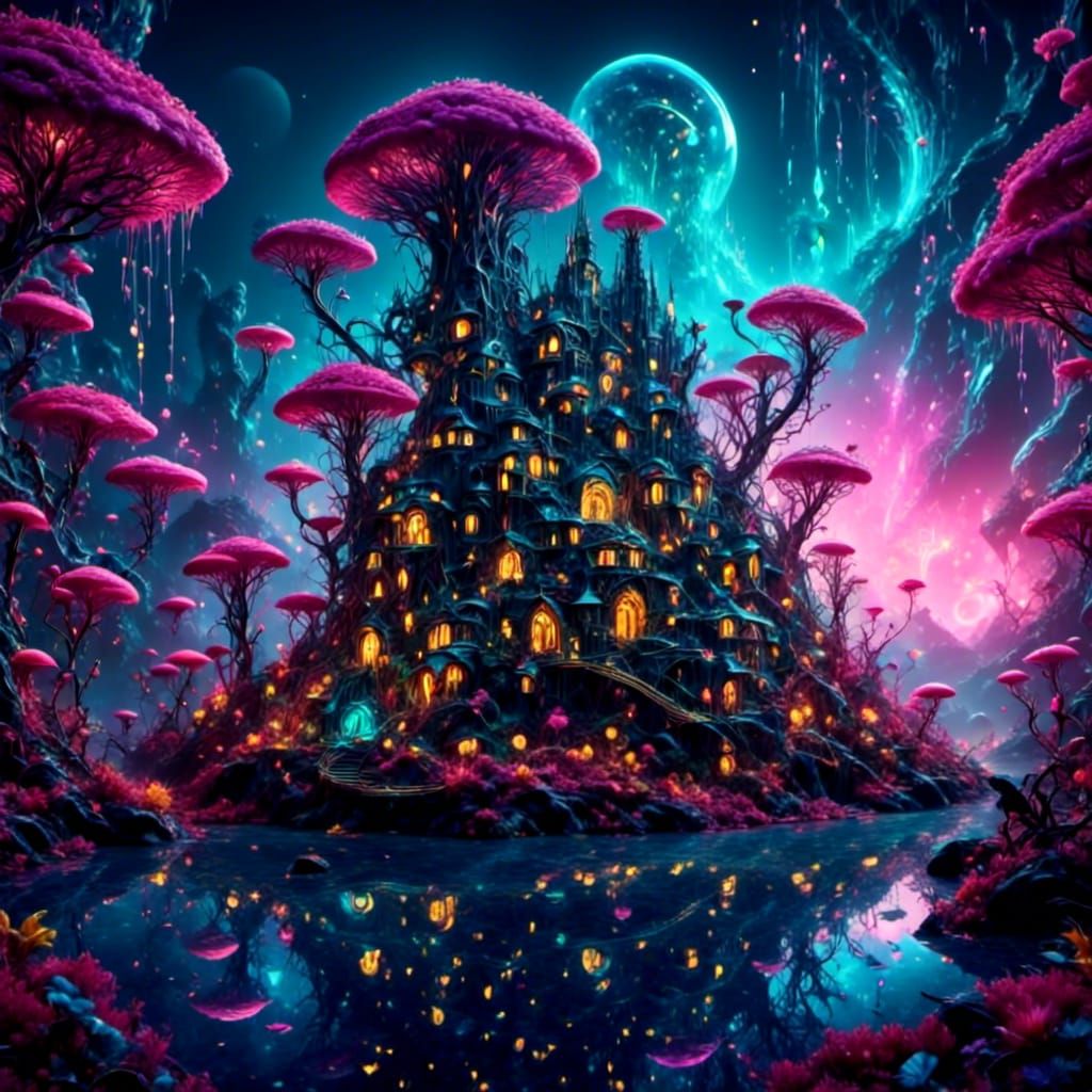 Futuristic Island City with Bioluminescent Ocean