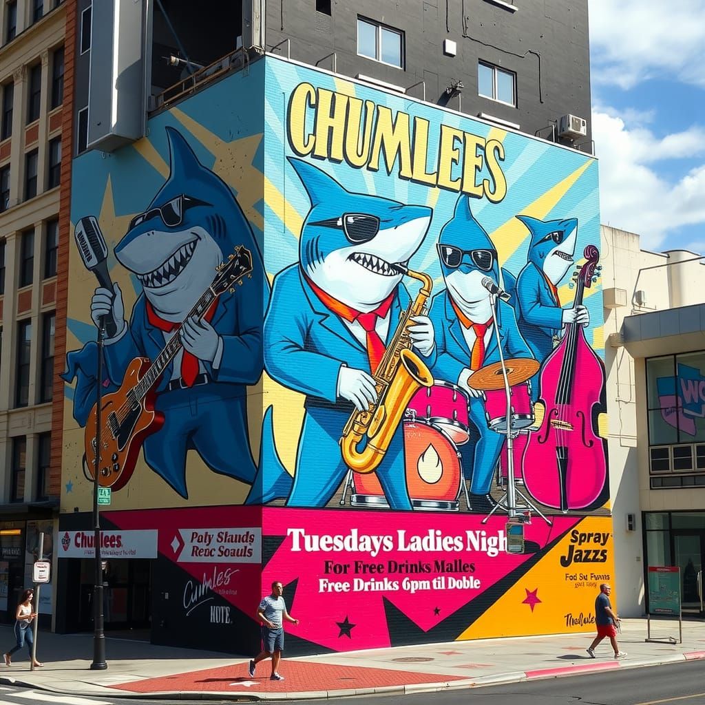 Pop Art Mural of Jazz Sharks in Zoot Suits