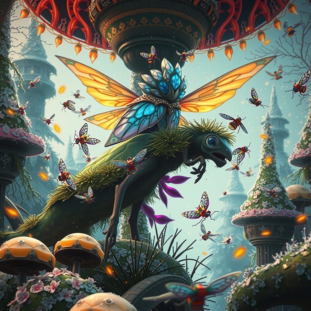 Majestic Firefly in Whimsical Snowy Scene