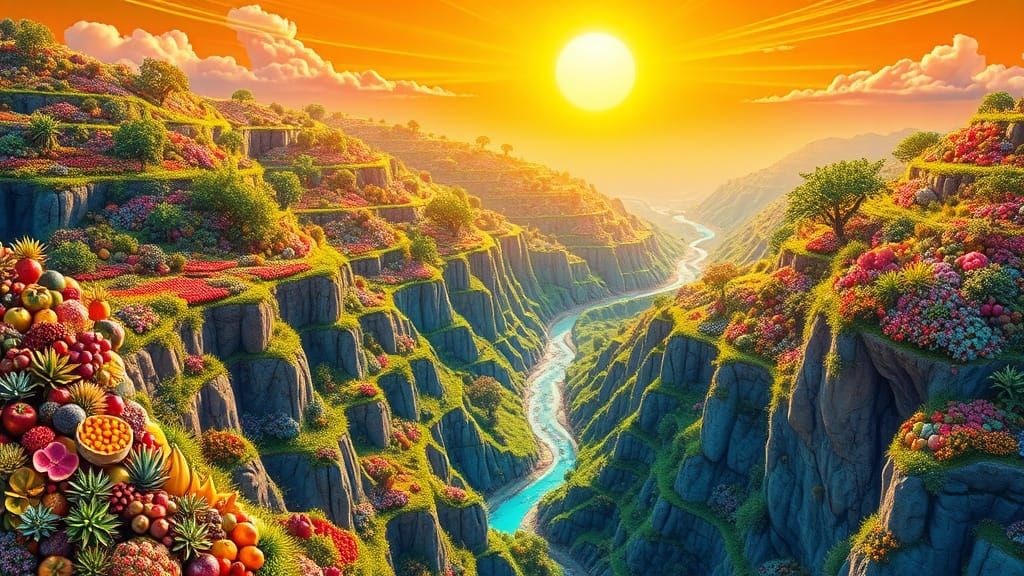 Vibrant, Hyperrealistic Garden in a Dreamlike Landscape