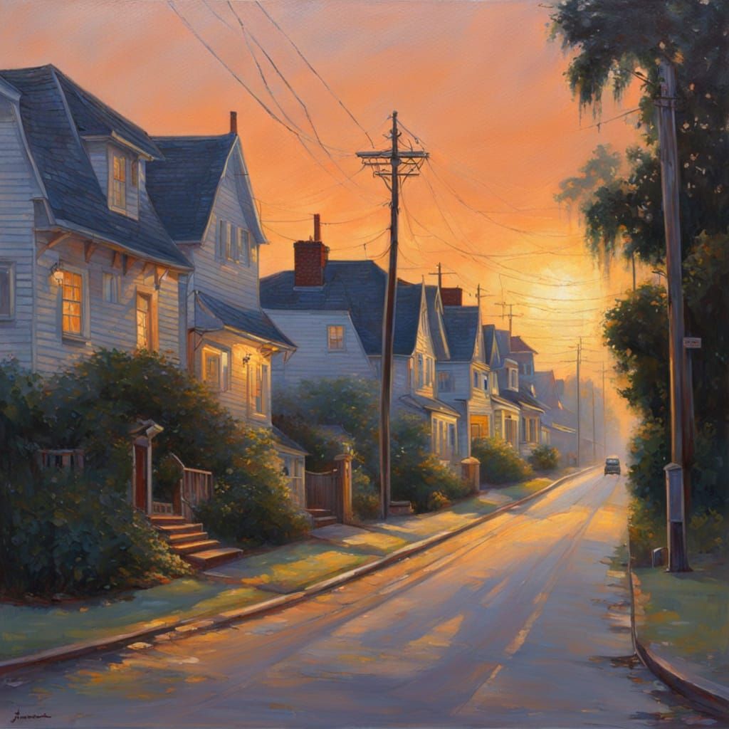 Dawn in a Serene Suburban Landscape, as Oil Painting