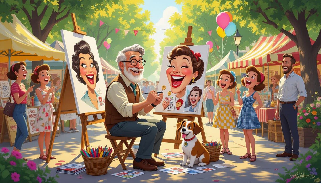 Art Fair Caricature Artist Creating Funny Portraits