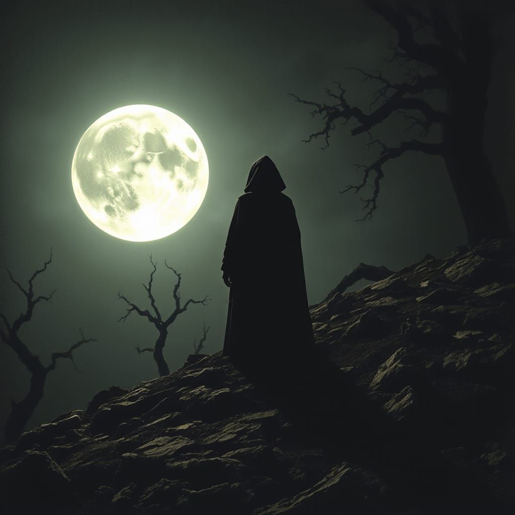 Brooding Figure Under Moonlight: Dark Fantasy Scene