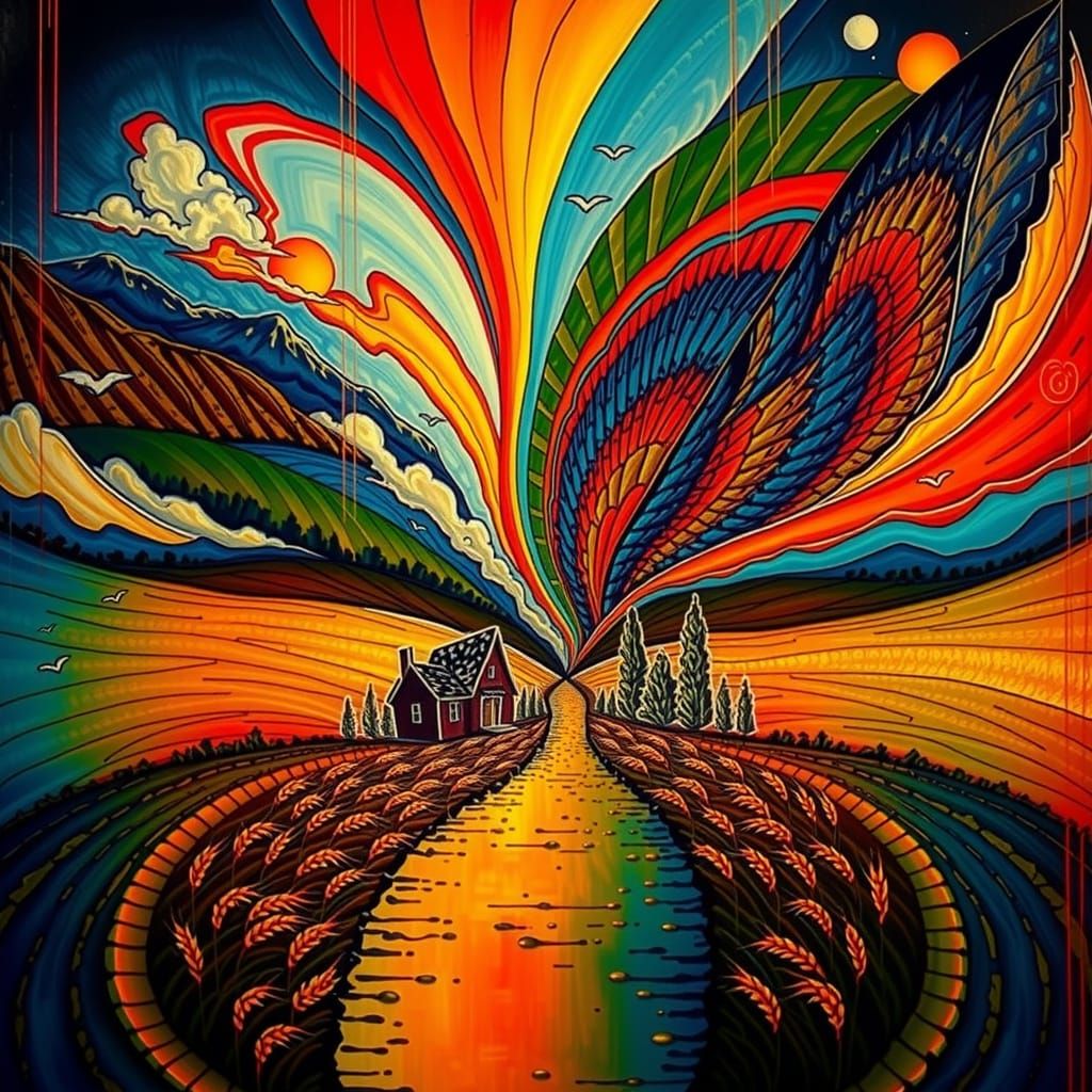 Golden Hour Landscape with Wheat Fields and Mountains