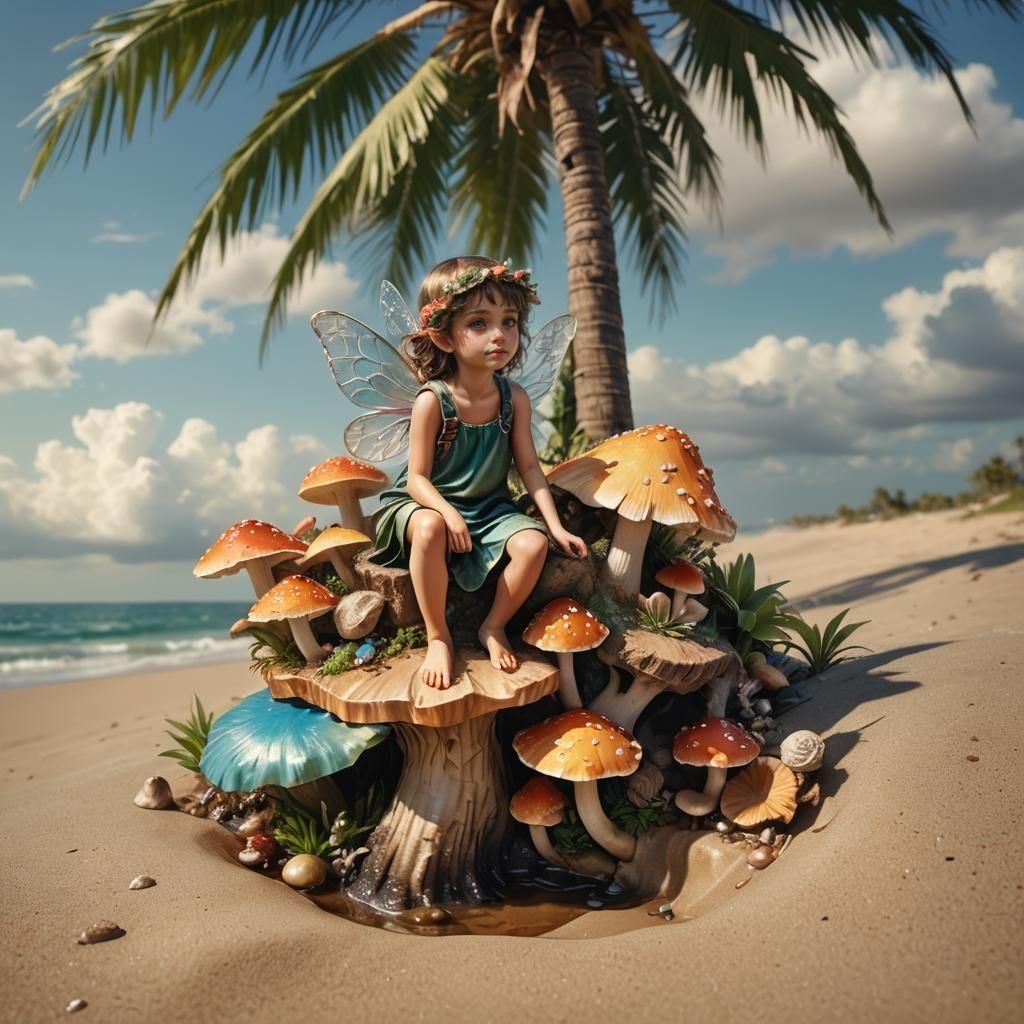 Fairy on Mushroom Under Palm Tree: Hyperrealistic Art
