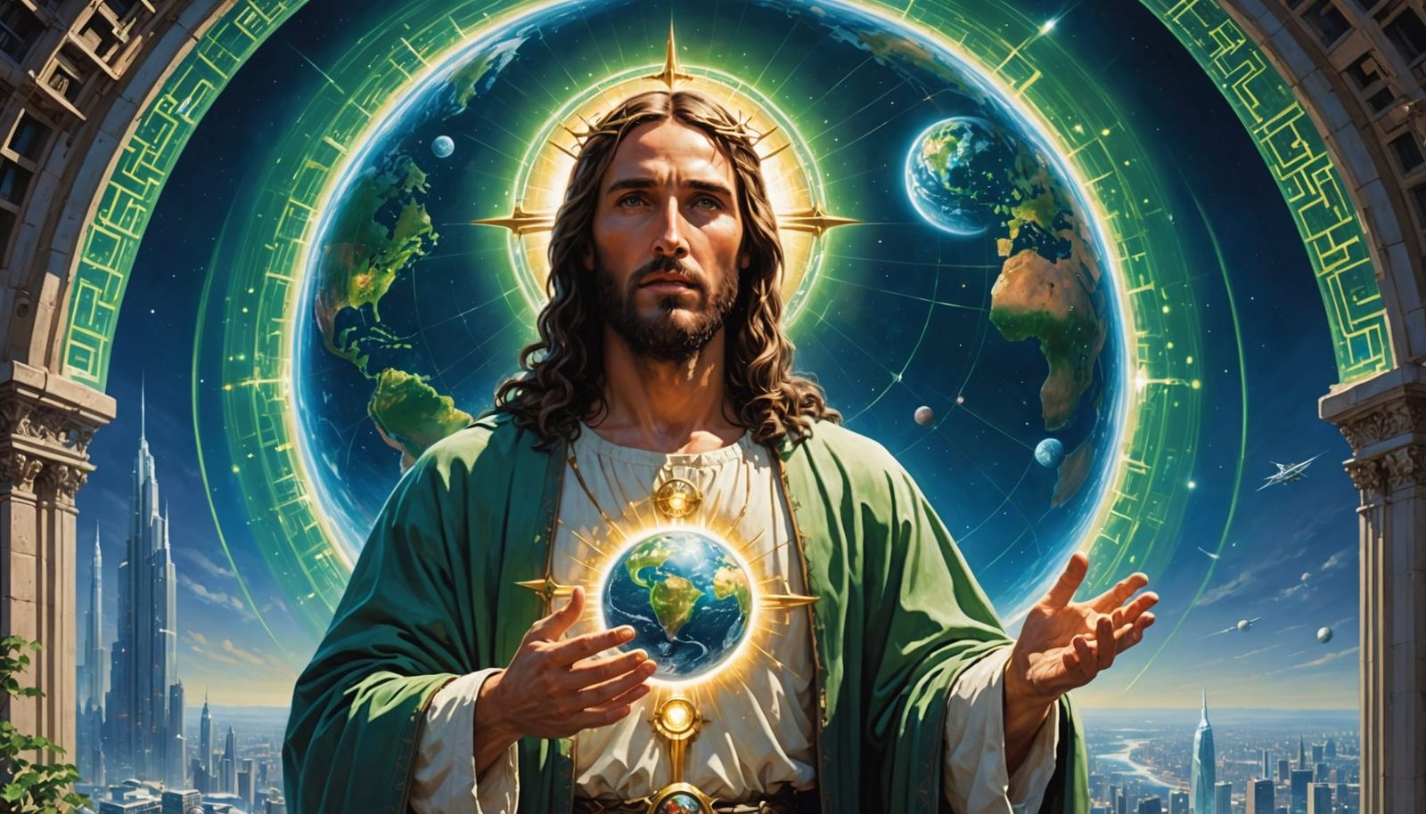 Divine Futuristic Guardian Jesus Christ Holds Transformed Ea...