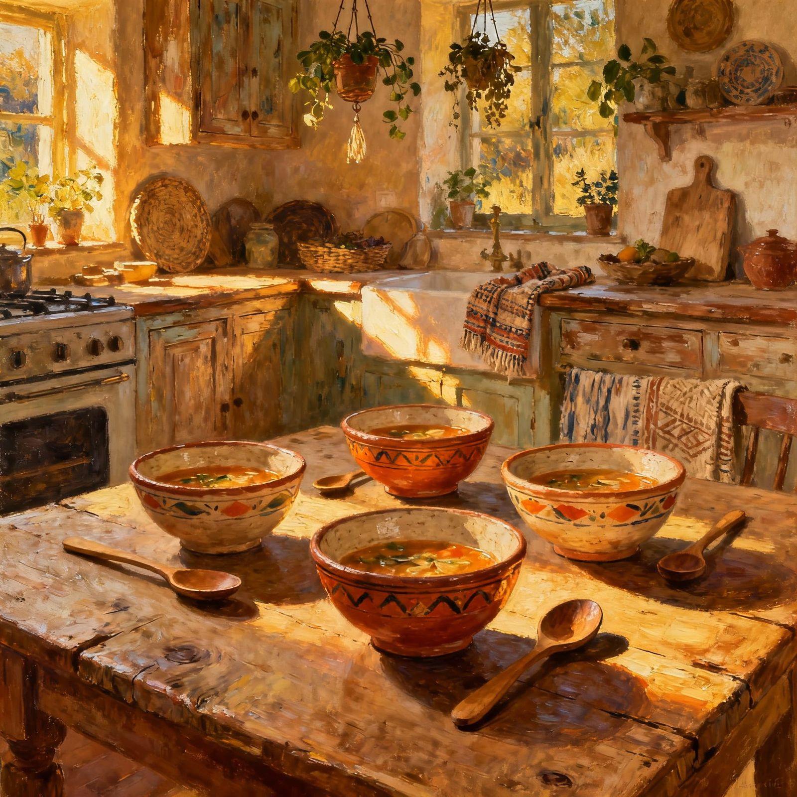 Bohemian Soup Bowls on Rustic Table as Still Life Painting