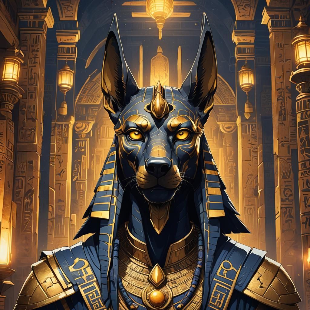 Anime Style Portrait of Handsome Anubis in Temple