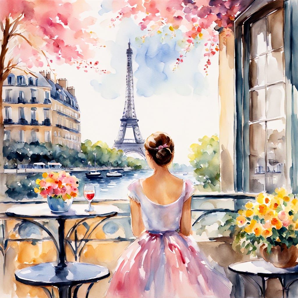 Whimsical Parisian Cafe Scene in Soft Watercolor Style