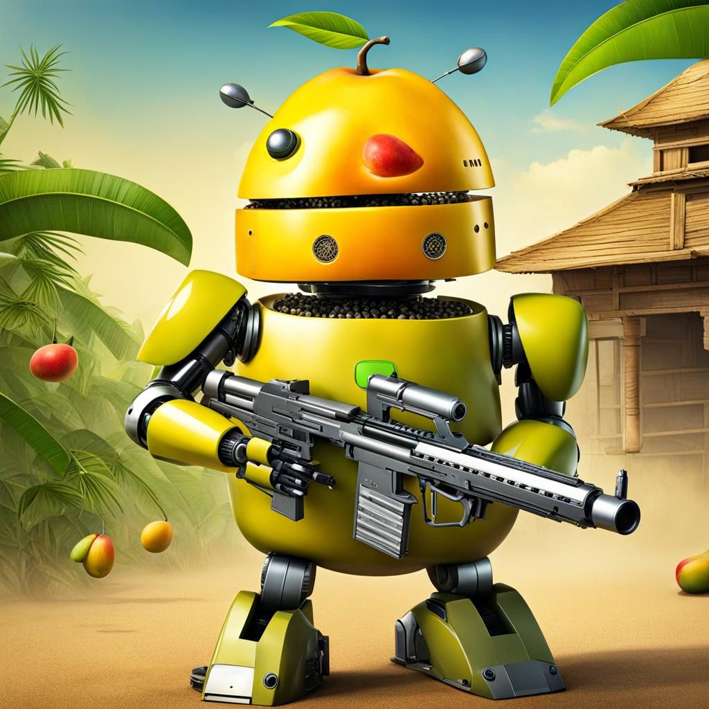 Android Robot with Machine Gun and Mango