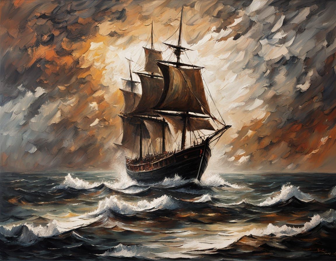 Impressionistic Seascape with Sailboat in Turbulent Waters