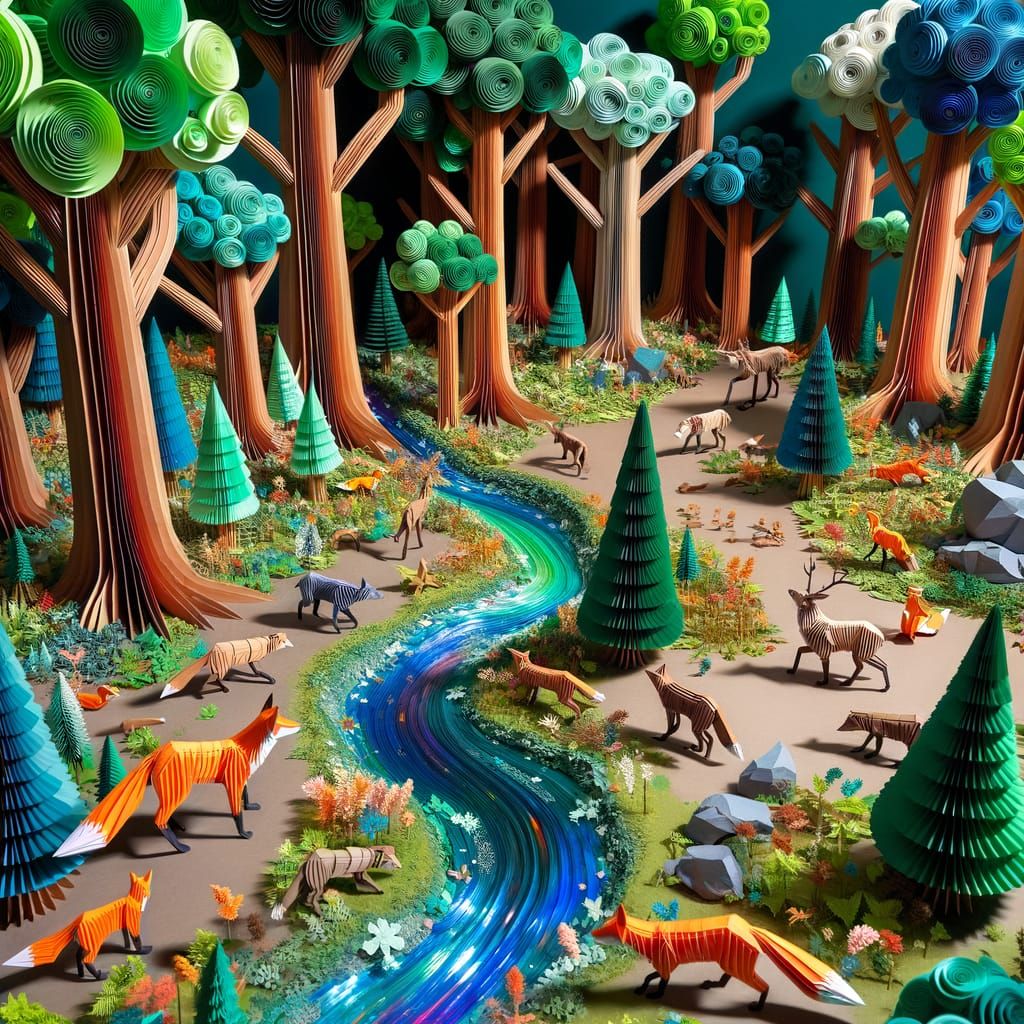 Vibrant Paper-Craft Forest Diorama