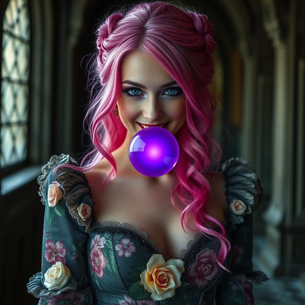 Smiling Woman with Energy Ball in Gothic Gown
