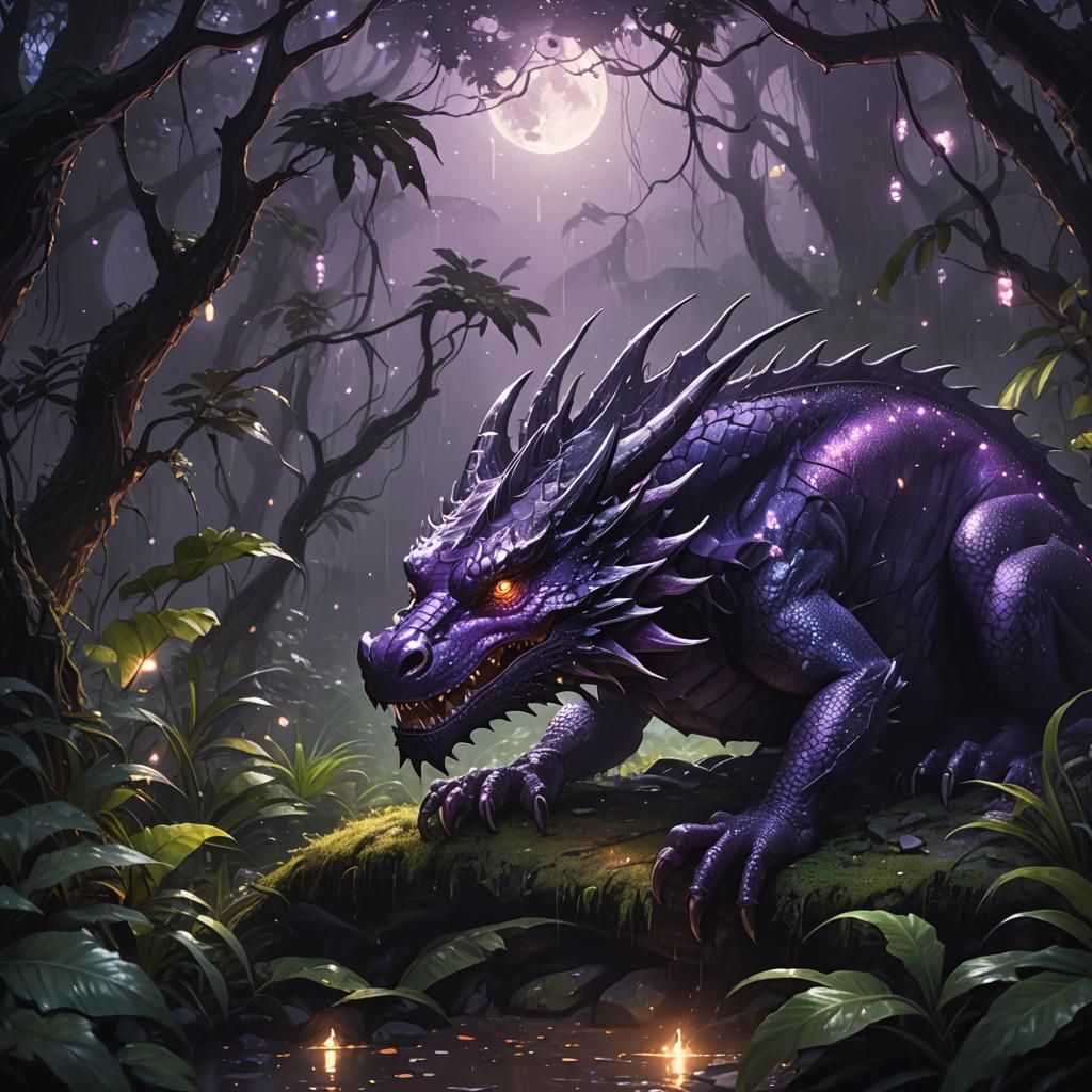 Majestic Purple Dragon Asleep in Mystical Rainforest