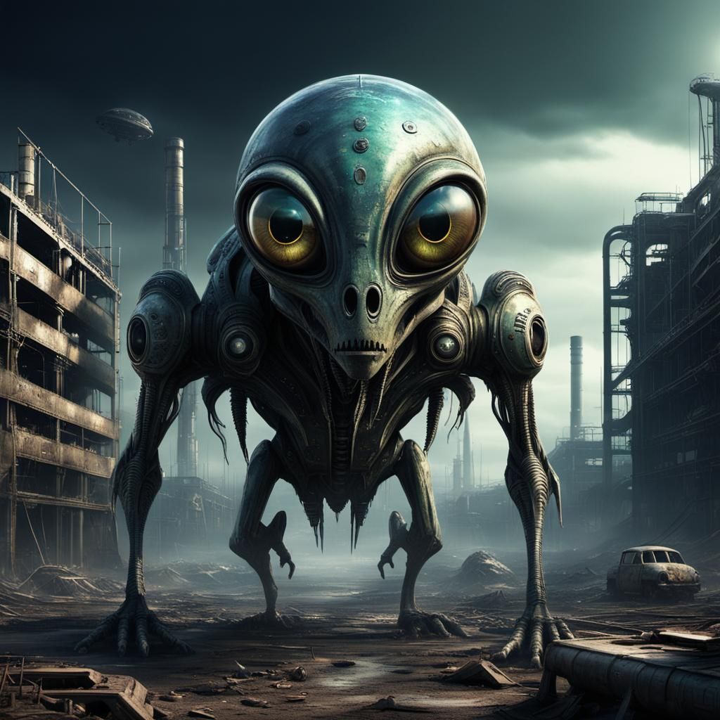 Sci-Fi Alien Creature in Dystopian Landscape