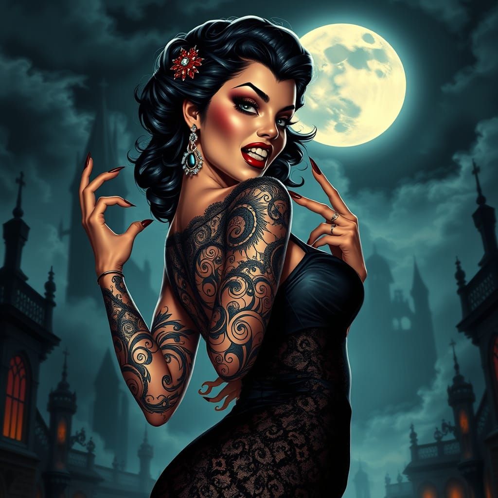 Vampire Pin-Up in Lacy Dress with Tattoo Art