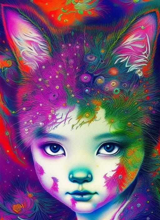 Cute Baby Catgirl in Acrylic Paint Pour Style