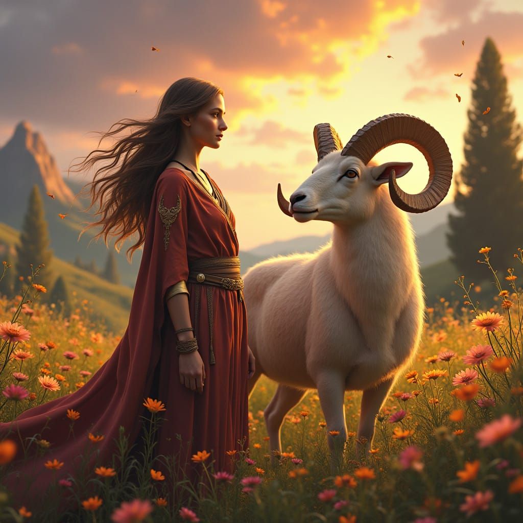 Courageous Woman and Majestic Ram in Fiery Aries Landscape
