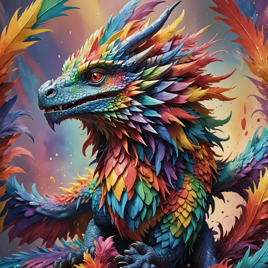 Rainbow Feathered Dragon: Hyperrealistic Splash Art