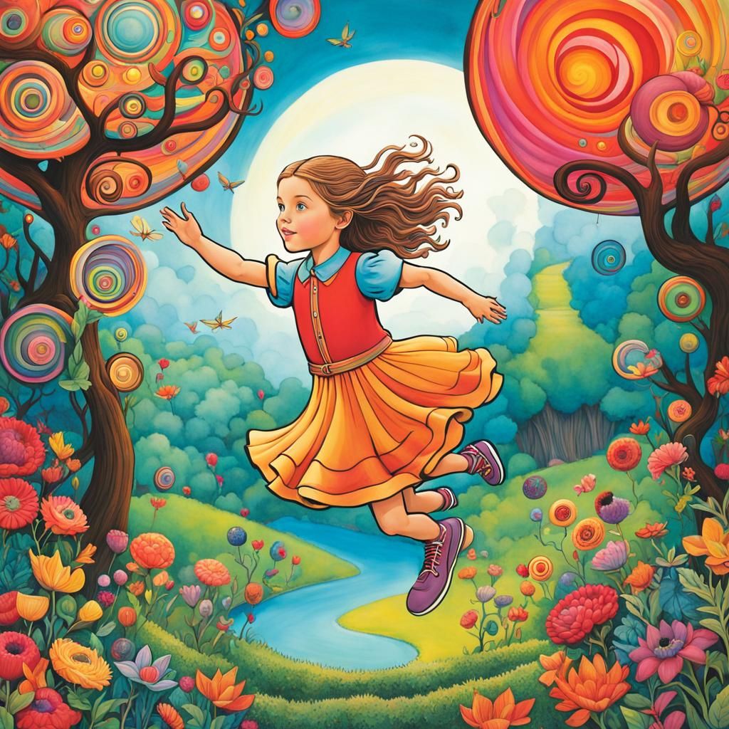 Enchanting Fairytale Landscape with Running Girl Illustratio...