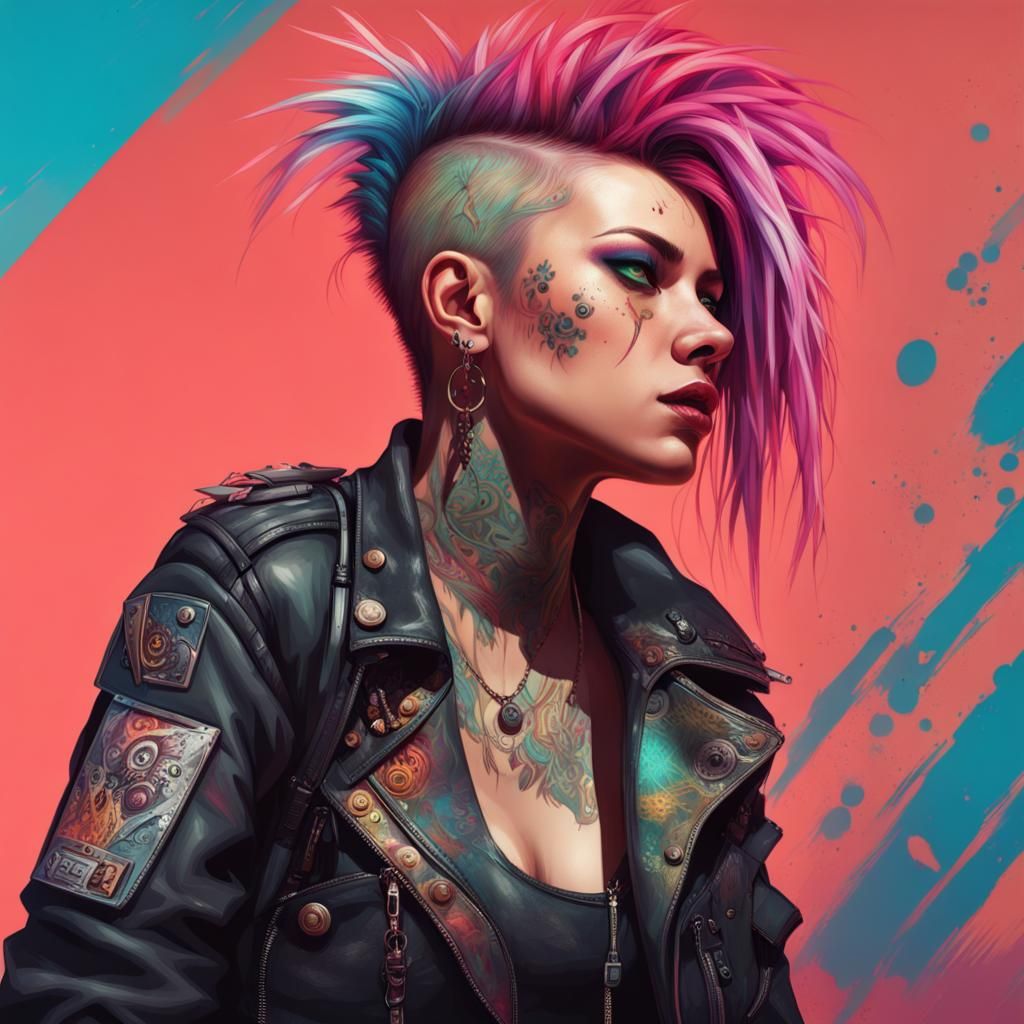 Futuristic Punk Rock Girl Portrait in Splash Art