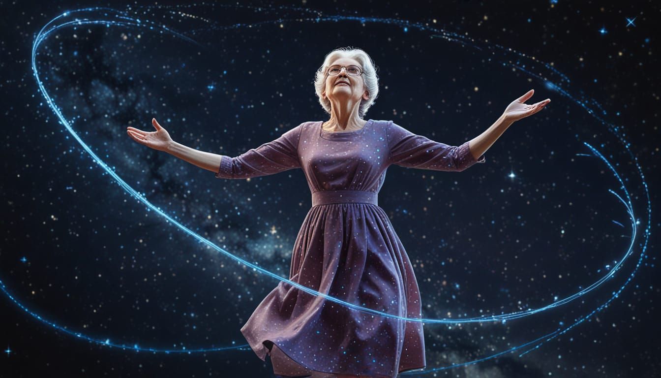 Whimsical Digital Art of Grandmother Jumping Constellation R...