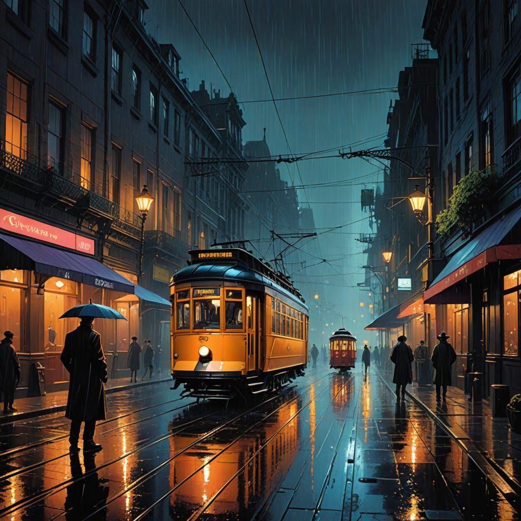 Vintage Tram Glides Through Rainy Victorian-Era Streets