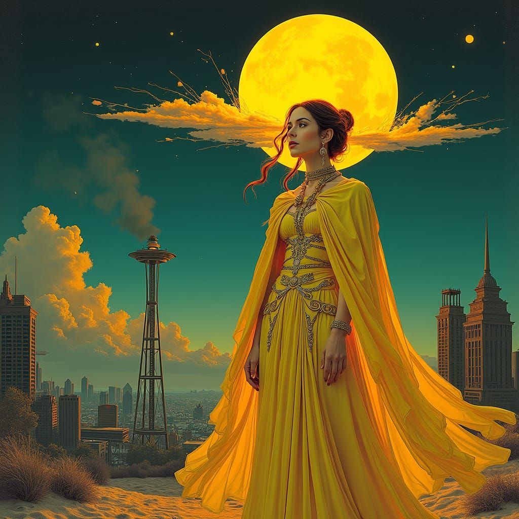 Golden Portrait with Surreal Moon in Psychedelic Style