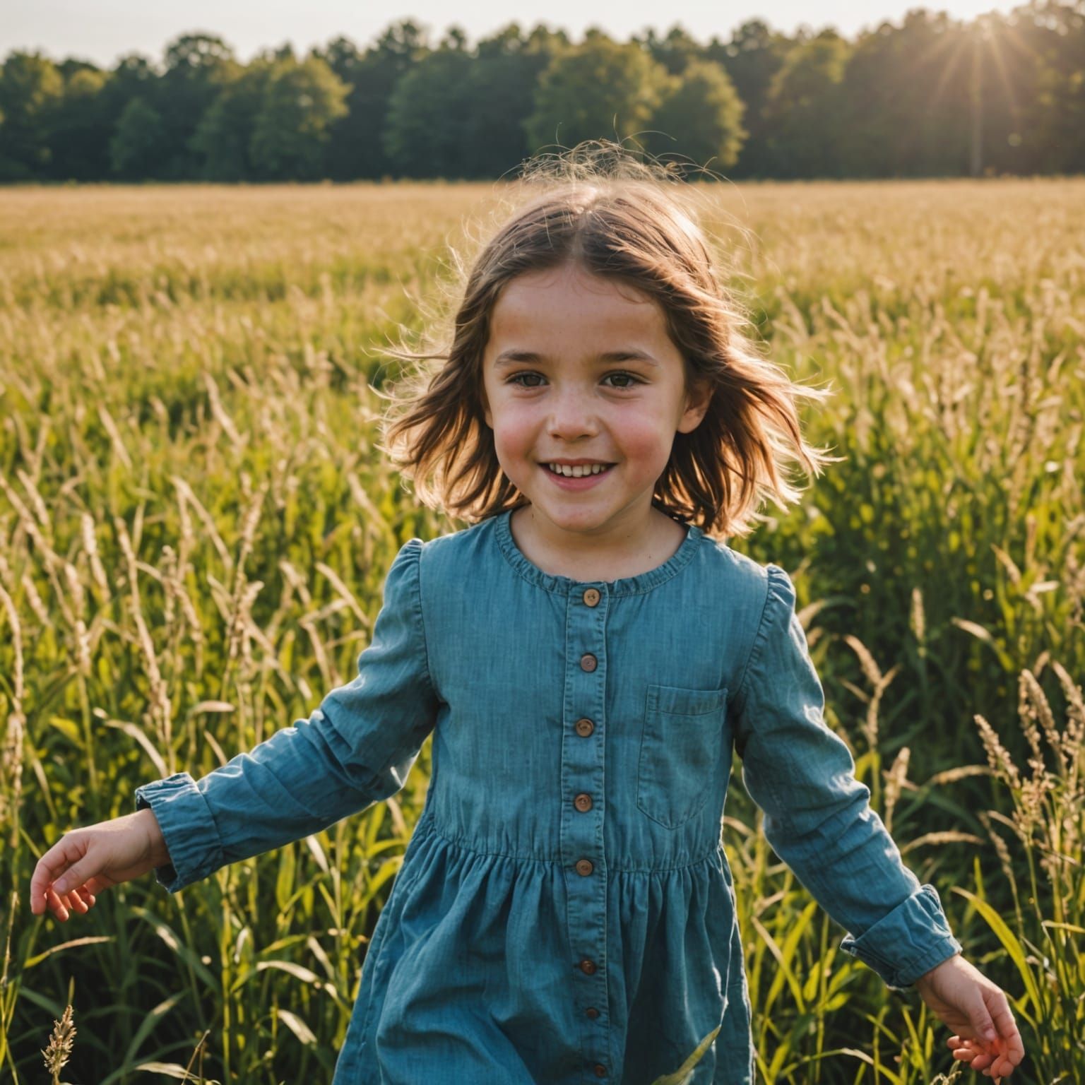A Young Girl Plays in a Sunny Field
