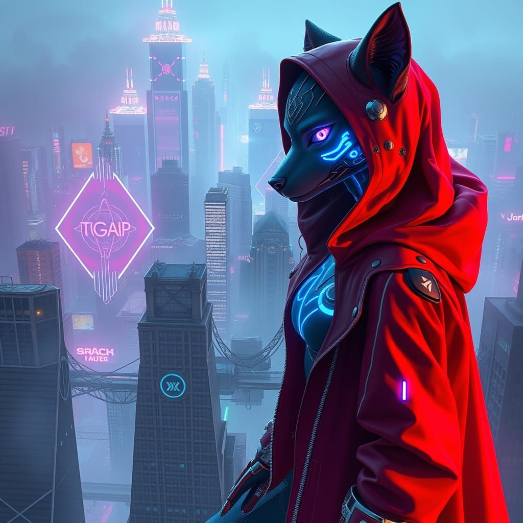 Cyberpunk Wolf Girl Dominates Futuristic Cityscape in Neon-L...