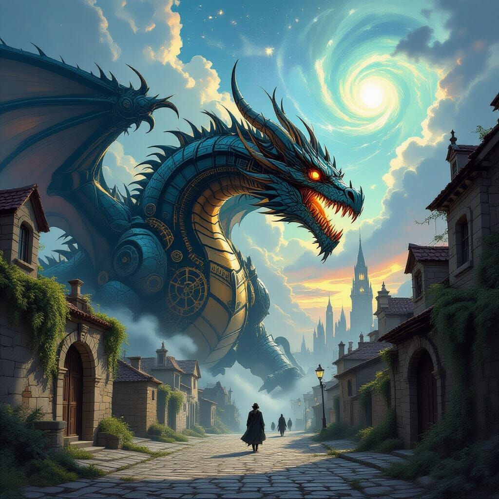 Clockwork Dragon Awakens in Steampunk City