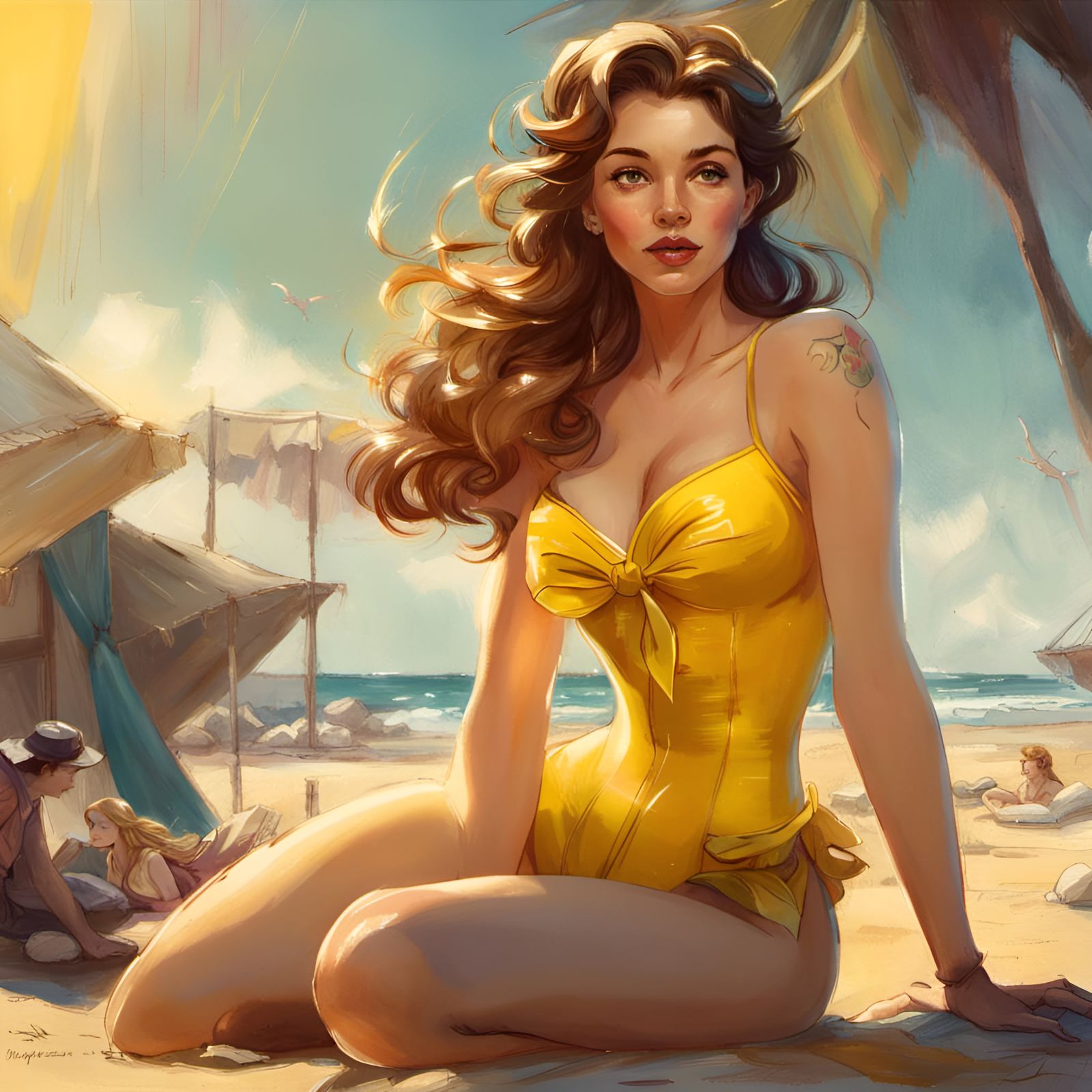 Princess Belle at the Beach in Pin-Up Style