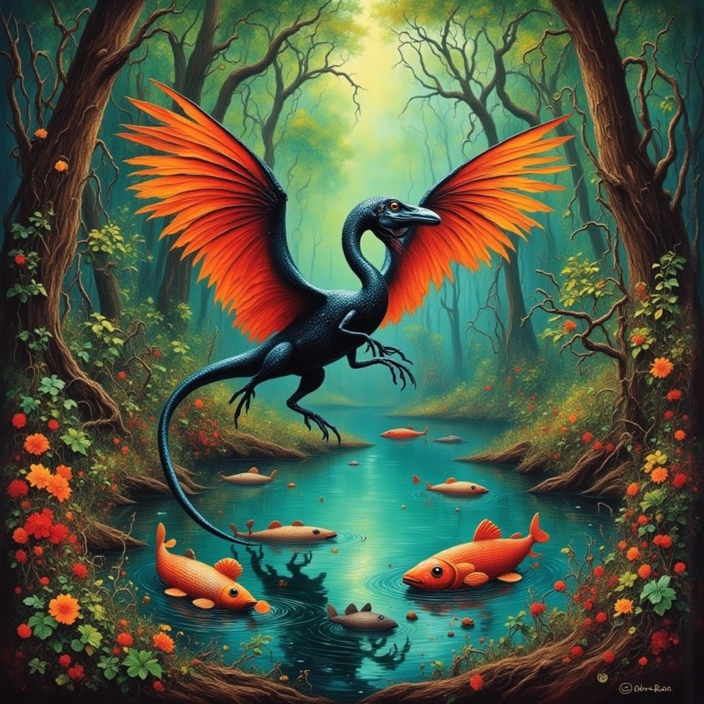 Pterodactyl Catches Fish in Ancient Forest Mixed Media