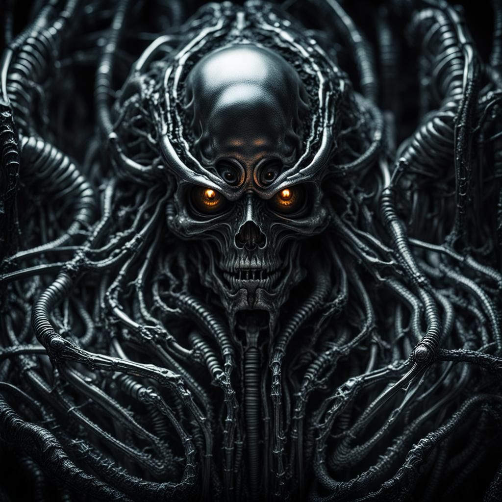 Biomechanical Horror: Metallic Creature in Dark Sci-Fi