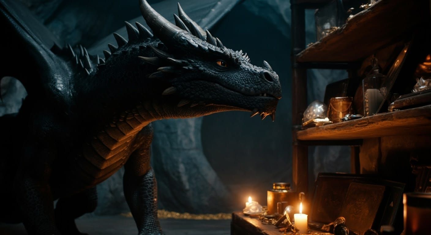 Epic Cinematic Black Dragon Standing in Treasure Cave