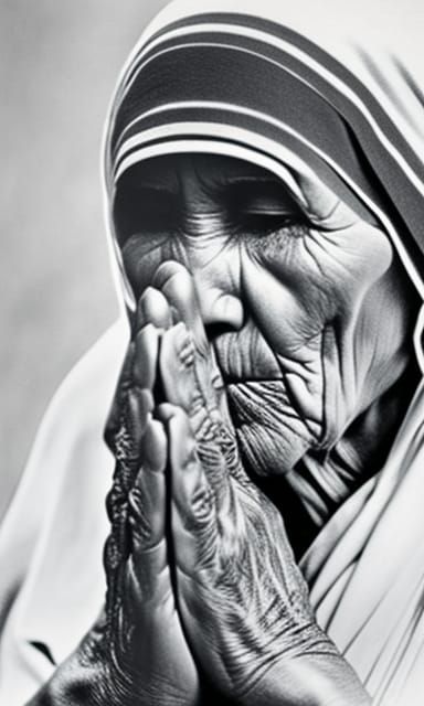 Mother Teresa Praying: Photorealistic Charcoal Drawing