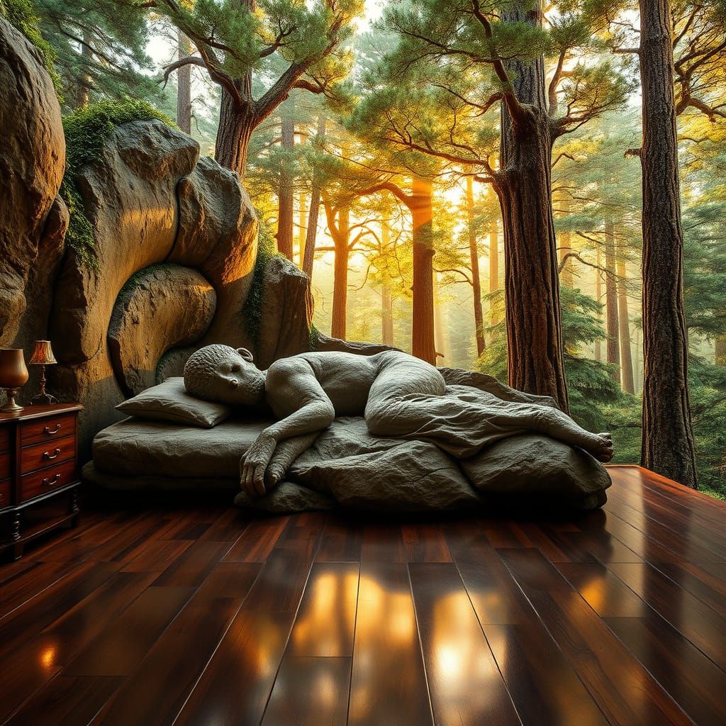 Surreal Rock Giant Slumbers in Lavish Bedroom
