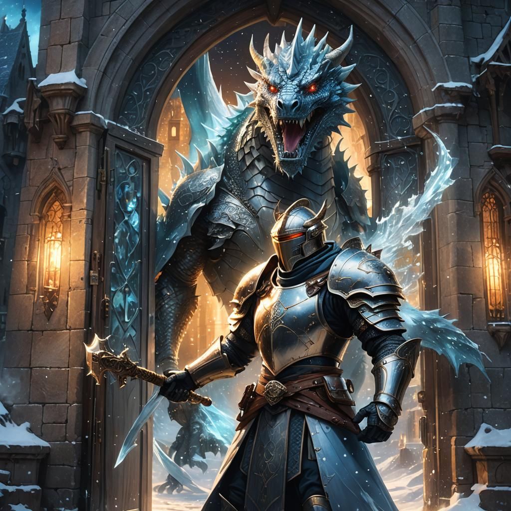 Ice Knight Guarding Medieval Castle with Dragon