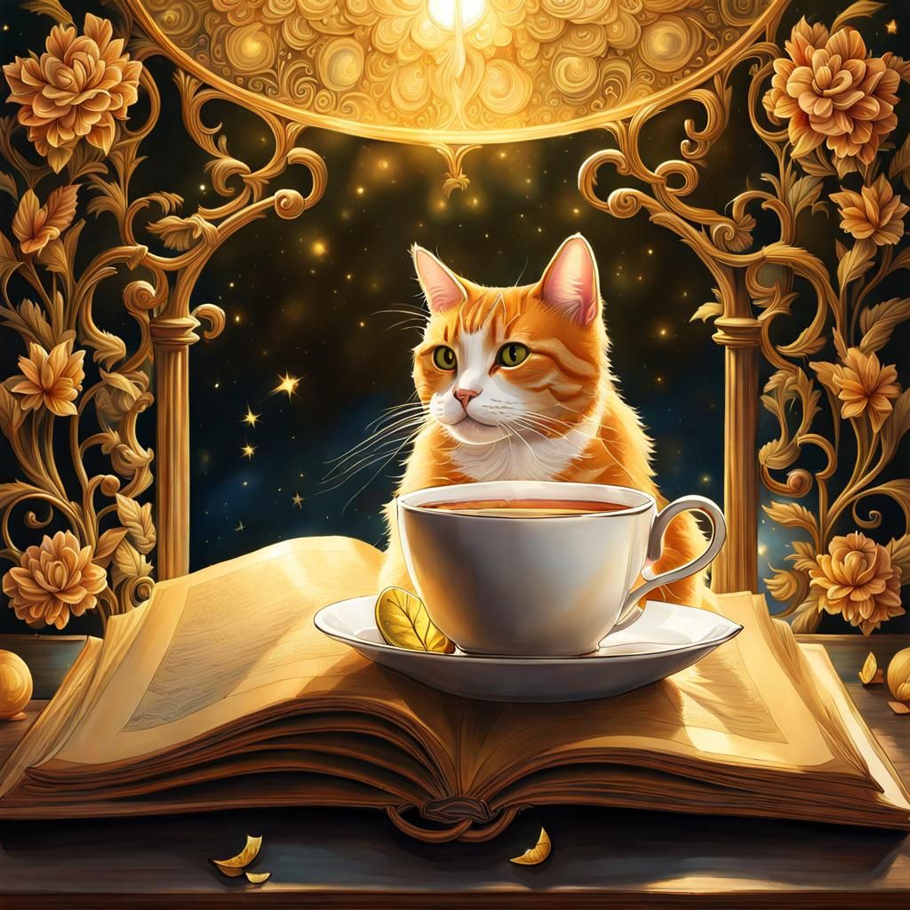Morning Tea with Book and Cat: Digital Pointillism
