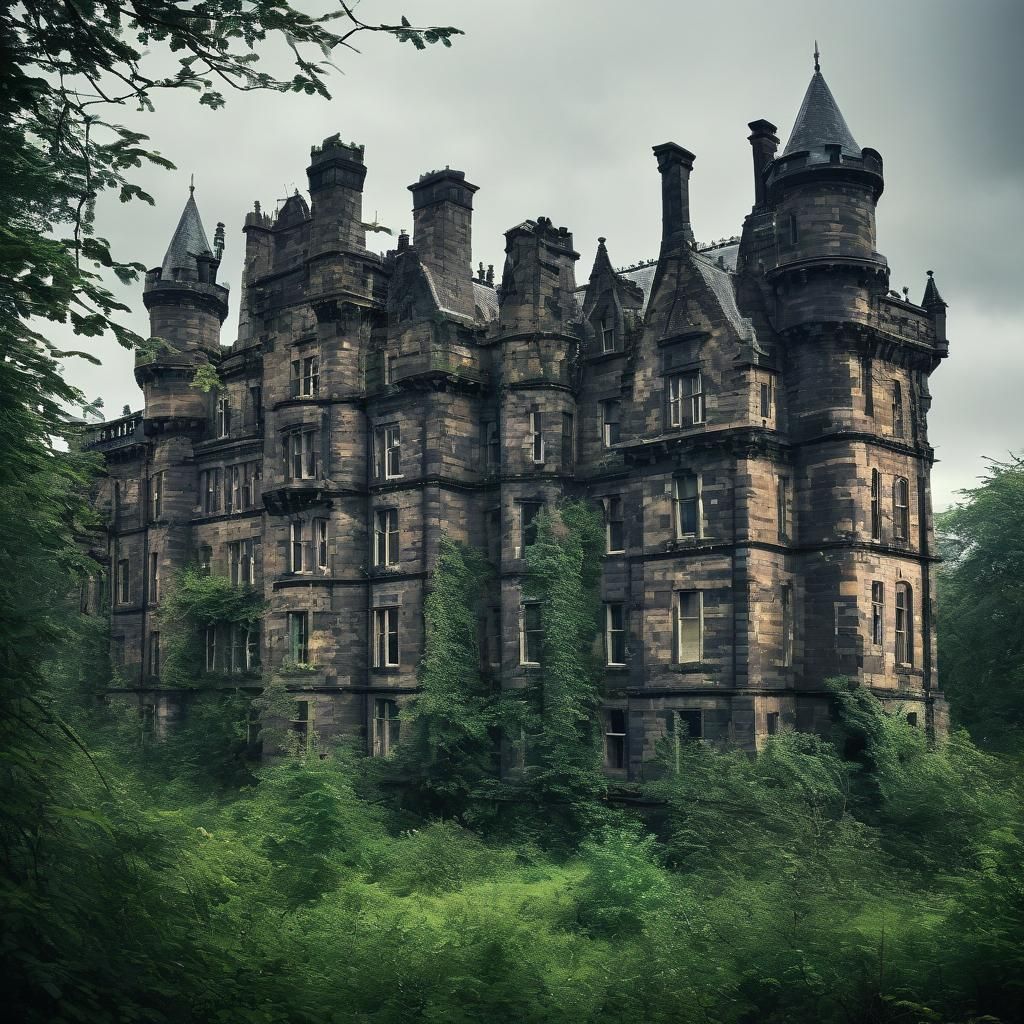 Foreboding Gothic Castle in Overcast Glasgow Landscape
