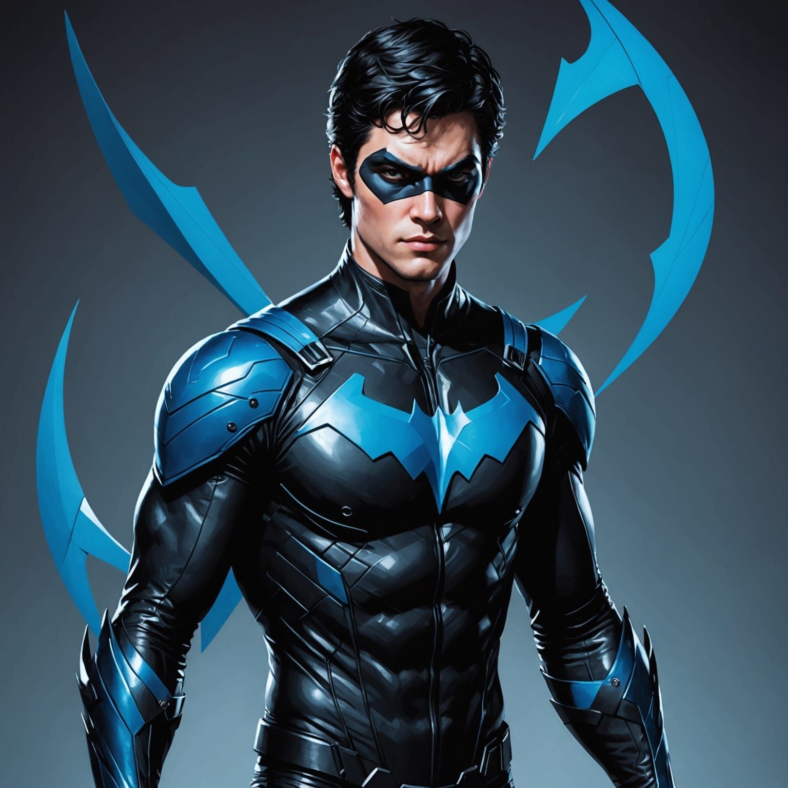 Hyper-Realistic Nightwing Superhero in Dark Blue and Cyan